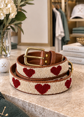 Ace of Hearts beaded golf belt for women with red beaded hearts on cream, tan leather and brass buckle