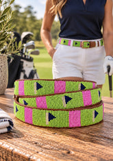 Fairway Fizz women's authentic handmade leather beaded golf belt by Sta-Cool, pink and lime golf flag bead design