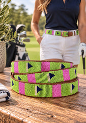 Fairway Fizz women's authentic handmade leather beaded golf belt by Sta-Cool, pink and lime golf flag bead design