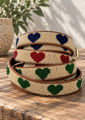 Ace of Hearts women's handmade leather beaded golf belt by Sta-Cool, heart design on a champagne beaded background