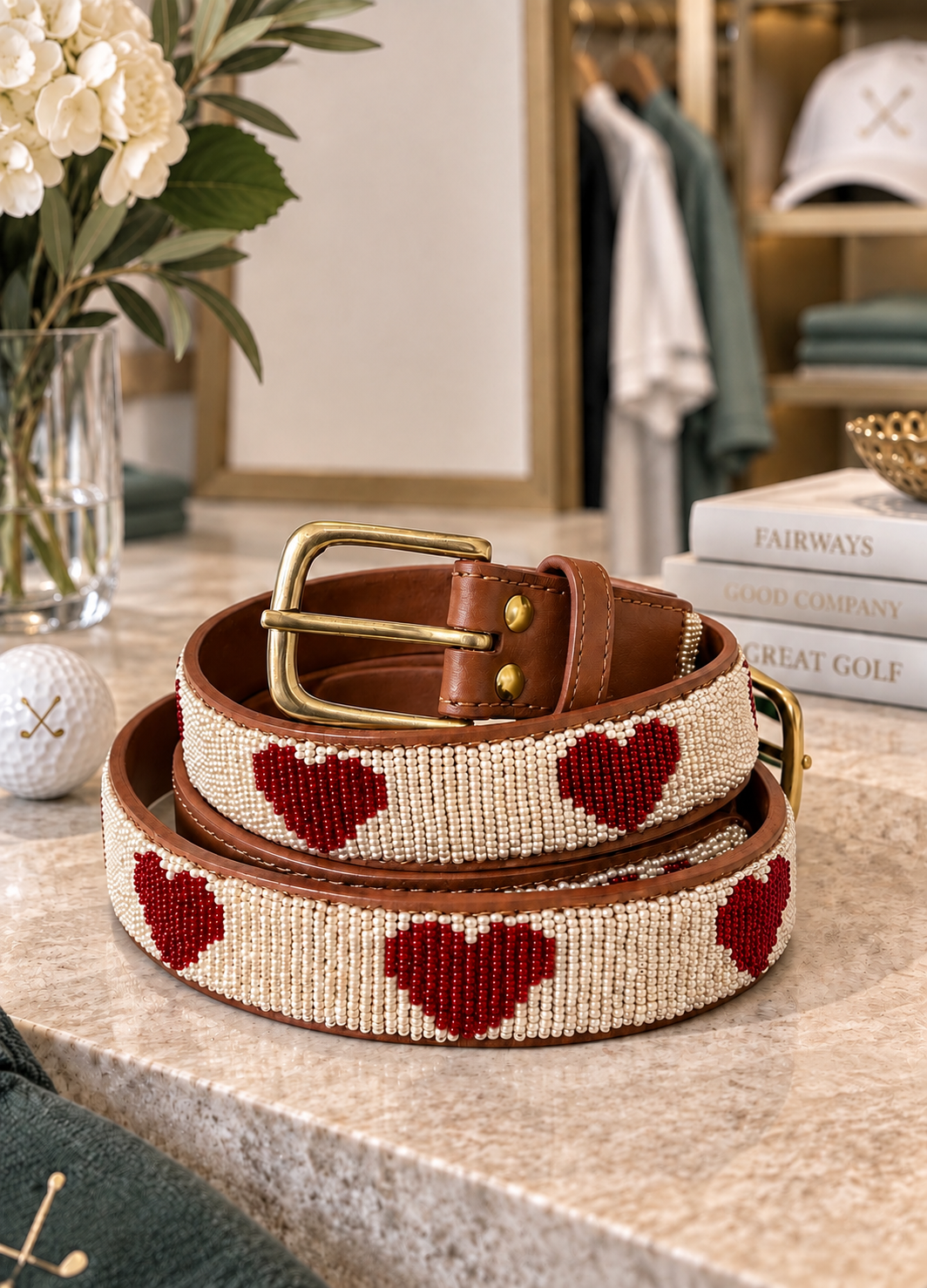 Ace of Hearts beaded golf belt for women with red beaded hearts on cream, tan leather and brass buckle