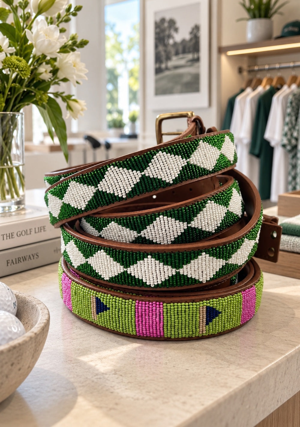 Sunday Best beaded golf belt for women, green and white argyle beadwork on tan leather