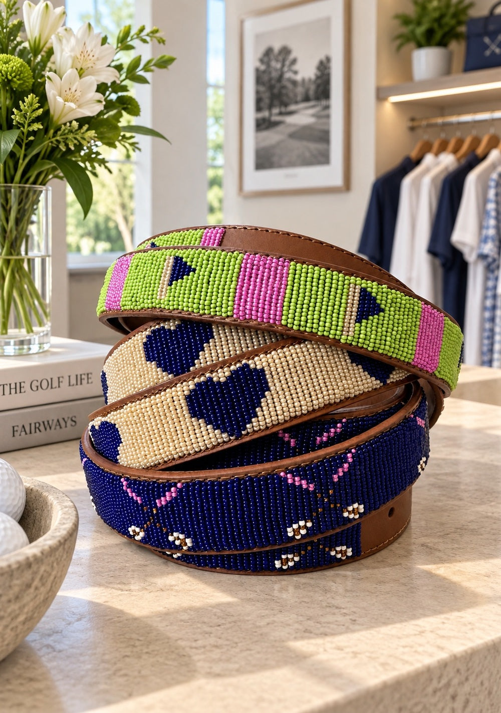 Sta-Cool beaded golf belts stacked, showing the flag, heart and diamond bead patterns