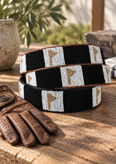 Golden Flags men's authentic handmade leather beaded golf belt by Sta-Cool, gold pin-flag bead design