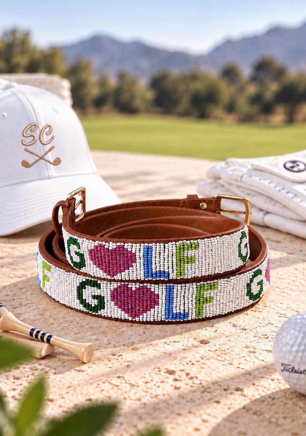 Love Golf beaded golf belt for women, GOLF in green beads with pink hearts on tan leather