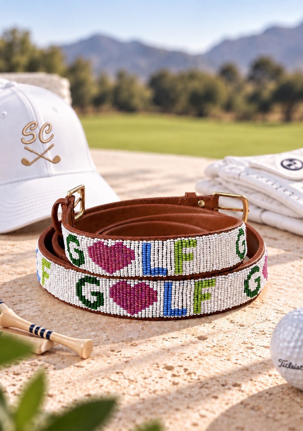 Love Golf beaded golf belt for women, GOLF in green beads with pink hearts on tan leather