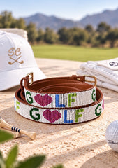 Love Golf beaded golf belt for women, GOLF in green beads with pink hearts on tan leather