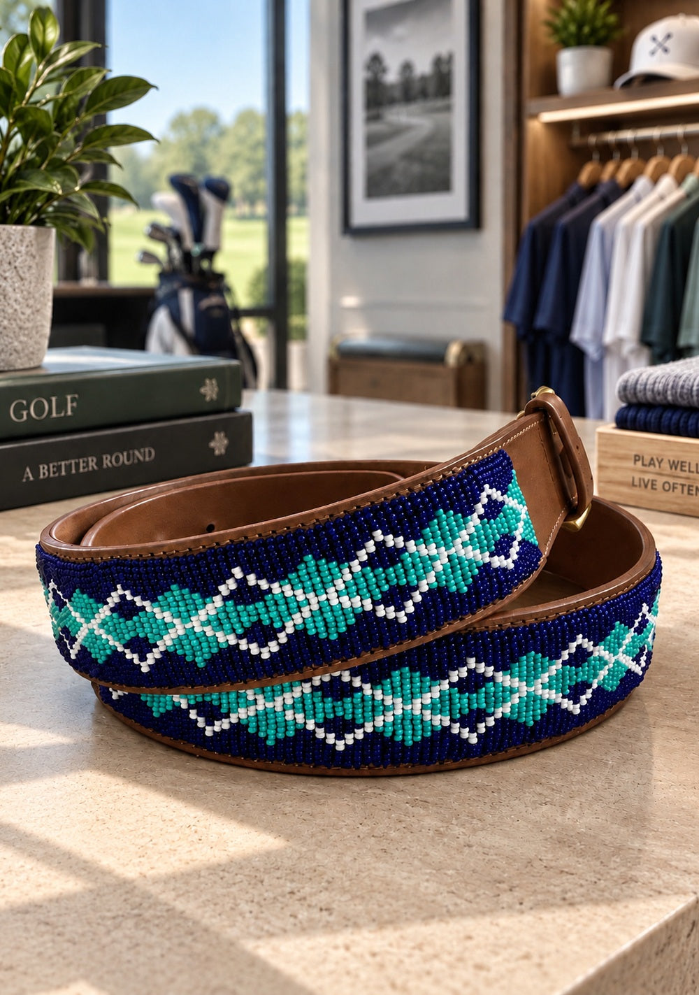 Making the Turn men's handmade beaded golf belt by Sta-Cool, navy, turquoise and white argyle bead pattern