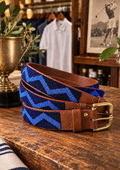 Up and Down beaded golf belt for men, blue zigzag beadwork on tan leather with brass buckle