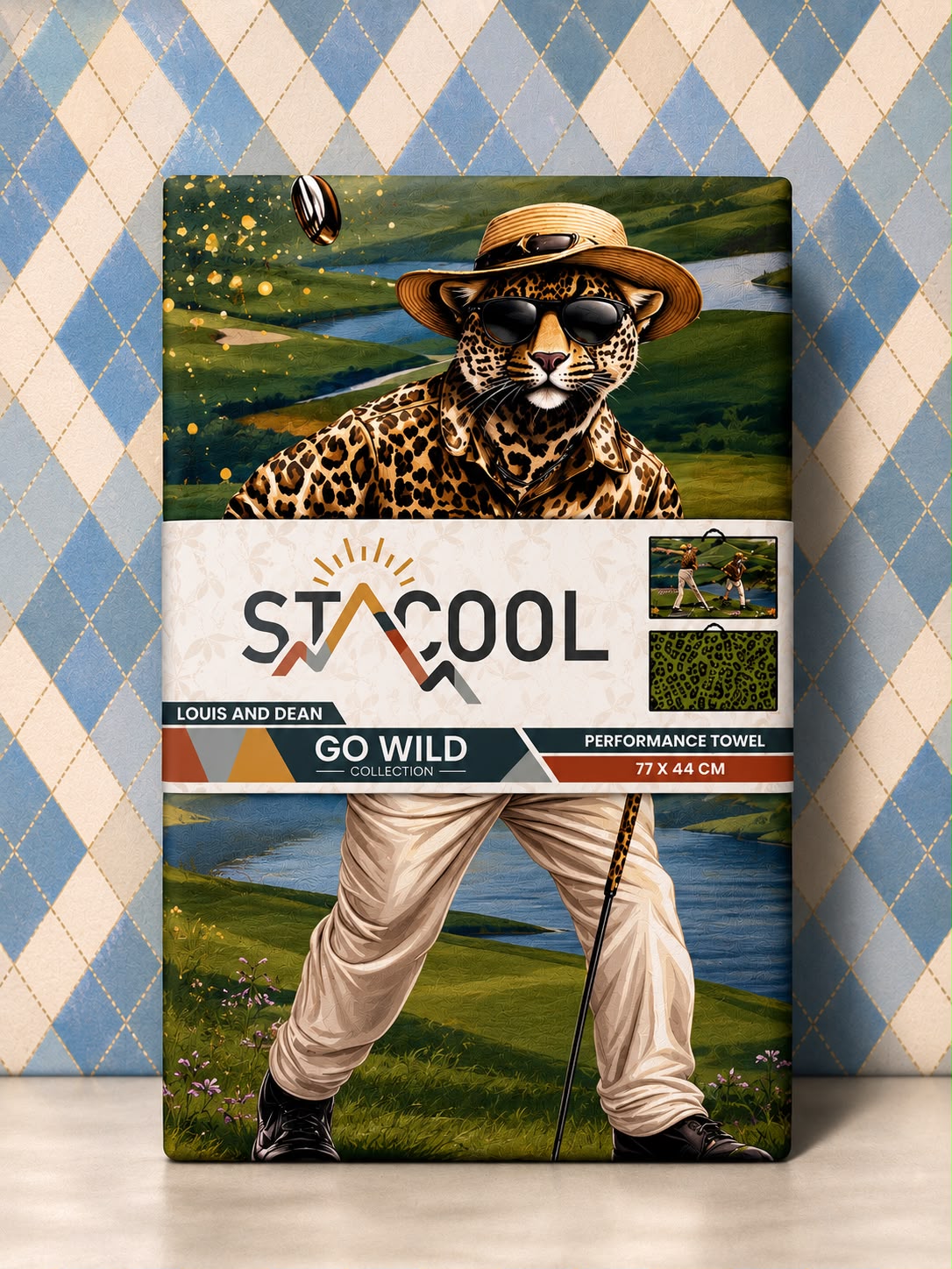 Sta-Cool Go Wild Series Savannah Slice golf towel looped on a golf bag