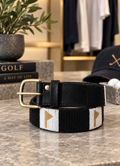 Golden Flags beaded golf belt for men in black leather, black and white beadwork with gold flags and brass buckle