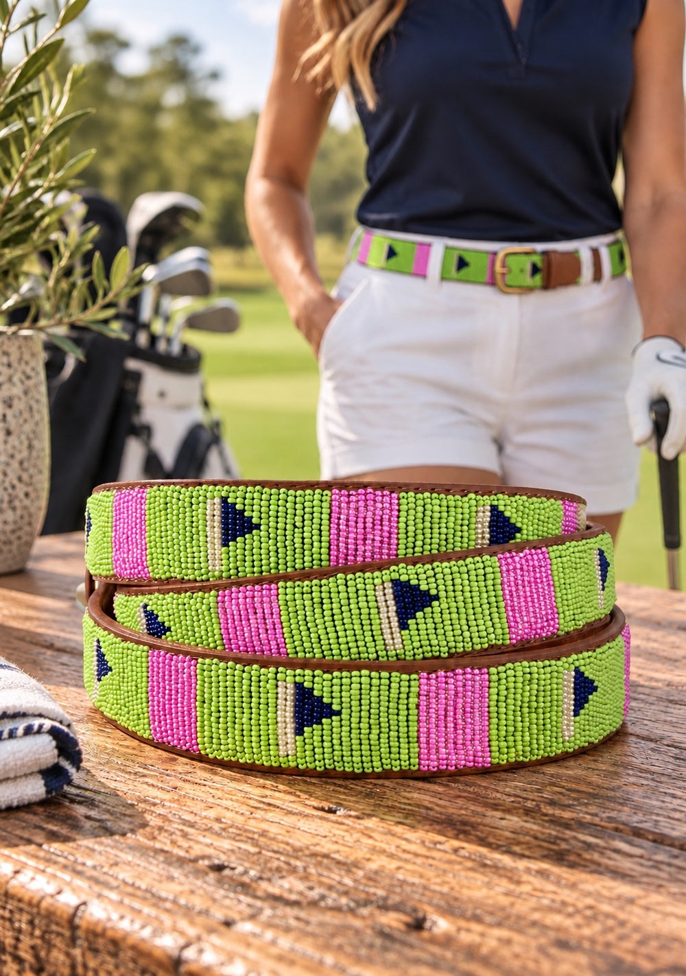 Fairway Fizz women's authentic handmade leather beaded golf belt by Sta-Cool, pink and lime golf flag bead design